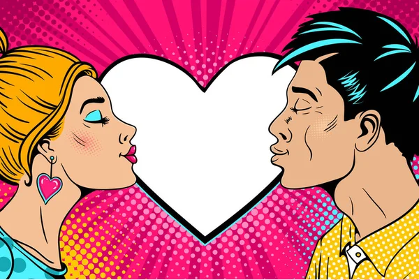 Wow couple. Happy young man and sexy woman in profile stretch to each other for a kiss and speech bubble in form of heart. Vector background in retro pop art comic style. Valentines day party poster. — Stock Vector