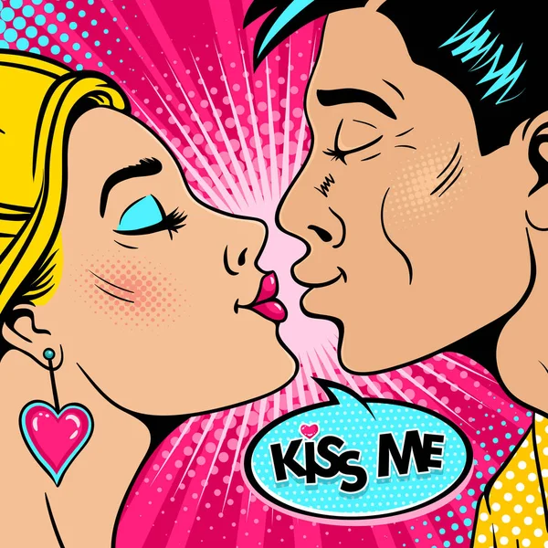 Wow couple. Happy young man and sexy woman in profile stretch to each other for a kiss and Kiss me speech bubble. Vector background in retro pop art comic style. Valentines day invitation poster. — Stock Vector