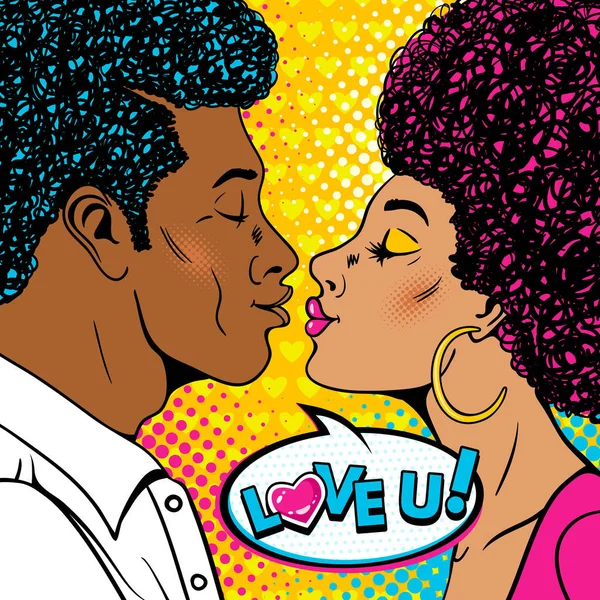 Wow pár. Boldog ember, és szexi nő profil afro frizura egy puszit egymásnak nyúlik, és szeretlek, beszéd buborék. Vector háttér retro pop art comic stílusban. Valentin-nap poszter. — Stock Vector