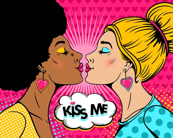 Wow female couple. Two sexy blonde and afro women in profile stretch to each other for kiss and Kiss me speech bubble. Vector background in retro pop art comic style. Valentines day invitation poster. — Stock Vector