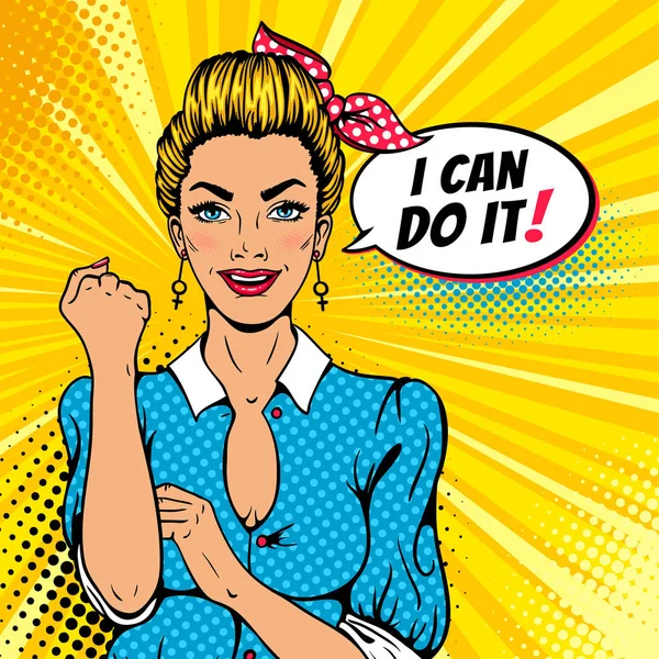 Плакат "Я могу это сделать". Поп-арт сексуальная сильная блондинка. Американский символ женской власти, прав женщин, протеста, феминизма. Векторный красочный фон в стиле ретро с речевым пузырем . Векторная Графика