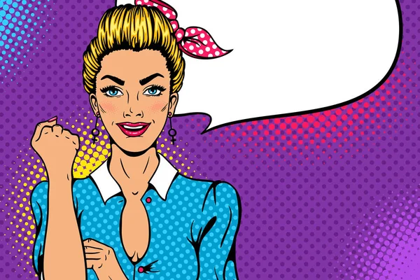 Wow face. Pop art sexy strong blonde girl with open smile shows female power, woman rights, protest, feminism. Vector colorful hand drawn background in retro comic style with speech bubble. — Stock Vector