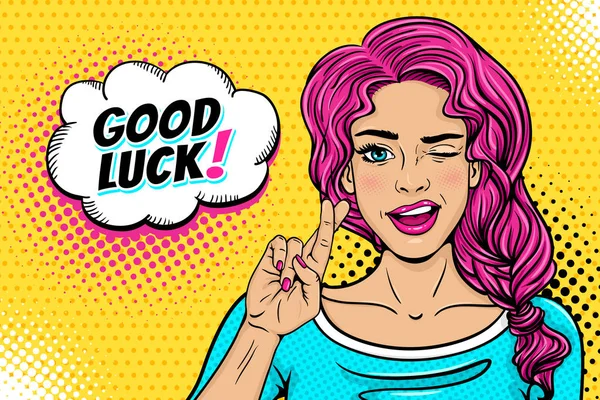 Pop art kadın yüzü. Seksi genç kadın Göz kırpmalar pembe saçlı ve açık gülümseme, şans sembolü ve iyi şanslar konuşma balonu noktalı resim üzerinde kenetlenmiş parmaklar. Retro çizgi roman tarzı renkli resimde vektör.