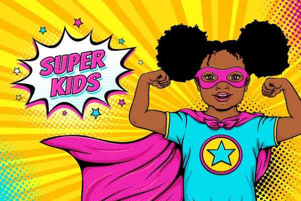 Vaya cara. Linda niña negra afroamericana sorprendida vestida como superhéroe muestra su poder y la burbuja del habla de Super Kids. Ilustración vectorial en estilo cómico de arte pop retro. Cartel invitación fiesta . — Vector de stock