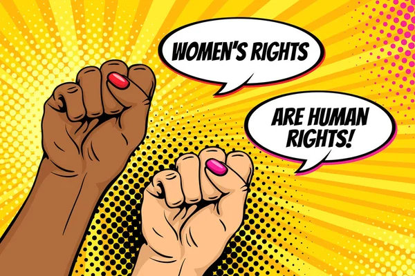 Поп-арт фон с знаменитыми руками, сжатыми в кулаки, и правами женщин являются пузыри для речи о правах человека. Символ женской власти, протеста, феминизма. Векторный яркий плакат в стиле ретро комикса . — стоковый вектор