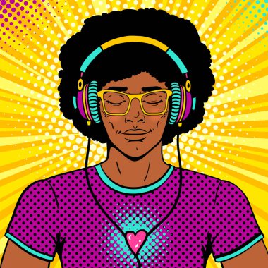 Young sexy man with afro hairstyle, smile and closed eyes in brighy glasses and headphones listening to the music. Vector colorful background in pop art retro comic style. Party invitation poster. clipart
