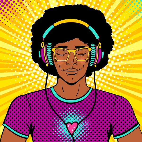 Young sexy man with afro hairstyle, smile and closed eyes in brighy glasses and headphones listening to the music. Vector colorful background in pop art retro comic style. Party invitation poster. — Stock Vector