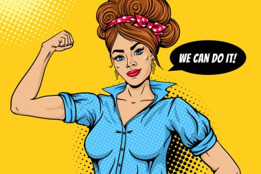 Poster yapabiliriz. Yumruk ve konuşma balonu yükselen pop art seksi güçlü kız. Kadın güç, kadın hakları, protesto, feminizm sembolü. Vektör renkli el arka plan retro çizgi roman tarzında çekilmiş..