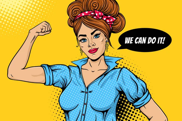 We Can Do It poster. Pop art sexy strong girl rising fist and speech bubble. Symbol of female power, woman rights, protest, feminism. Vector colorful hand drawn background in retro comic style. — Stock Vector