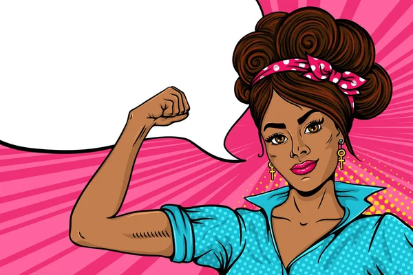 Pop art sexy strong girl with dark skin smiling and rising her fist and speech bubble. Female power, woman rights, protest, feminism. Vector bright background in retro comic style. Invitation poster. — Stock Vector