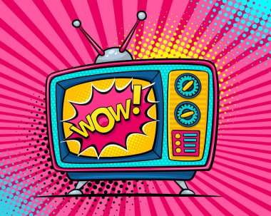 El çizilen çizgi retro Tv ekran yarım ton, ışınları ve noktalar Woa konuşma balonu ile ayarlayın. Vektör renkli arka planda pop sanat retro komik tarzı. 