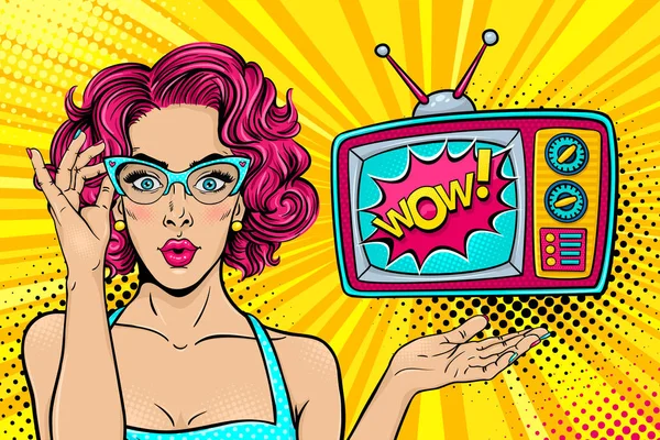 Kadın yüzü Vay. Açık ağız ve parlak kıvırcık saçlı ve Wow retro televizyon gözlüklü seksi sürpriz genç kadın. Vektör renkli arka planda pop sanat retro çizgi roman tarzı. Parti Davetiyesi poster.