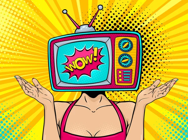 Wow ženské tváře. Sexy mladá žena překvapená s retro tv sada s Wow bublin stoupá ruce na její hlavu. Vektor barevné pozadí ve stylu retro komické pop art. Pozvánka na večírek plakát. — Stockový vektor