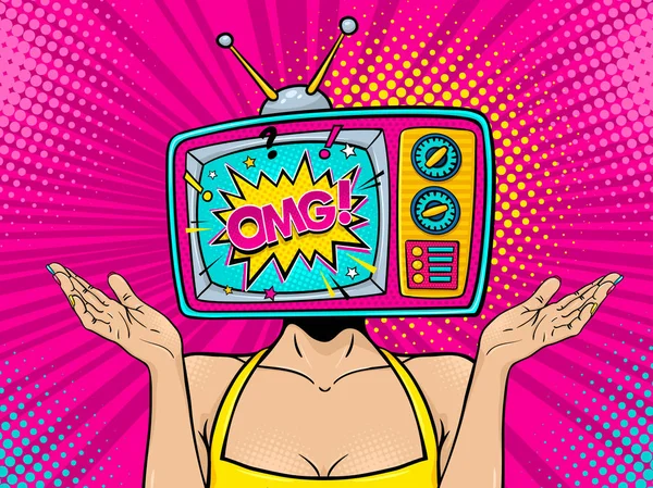 Wow γυναικείο πρόσωπο. Σέξι νεαρή γυναίκα έκπληκτος με ρετρό τηλεόραση αντί για το κεφάλι με Omg συννεφάκι ομιλίας αυξάνεται τα χέρια. Πολύχρωμο φόντο διάνυσμα στυλ ρετρό κωμικό pop art. Αφίσα πρόσκληση σε πάρτι. — Διανυσματικό Αρχείο