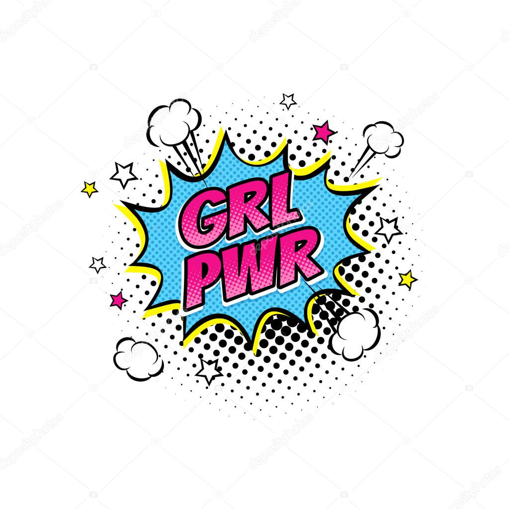 Comic speech bubble with emotional text Girl Power, clouds and stars. Vector bright dynamic cartoon illustration isolated on white background.