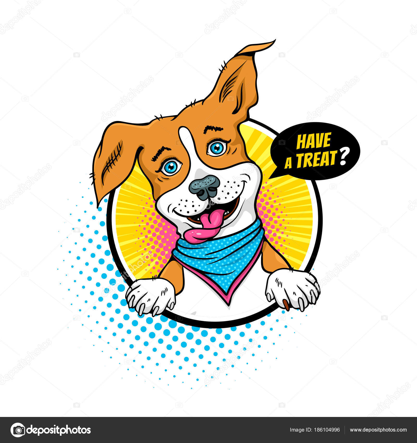 Cartoon dog. Funny dog with open mouth turned his head asking Have a treat in speech Cartoon dog. Funny dog with open mouth turned his head asking Have a treat in speech