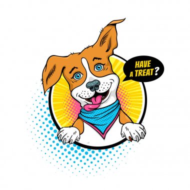 Karikatür köpek. Onun baş soran açık açık ağız ile komik köpek var a muamele etmek konuşma balonu bir daire içinde beyaz arka plan üzerinde izole yarı ton ile. Vektör çizim retro pop sanat komik tarzı.