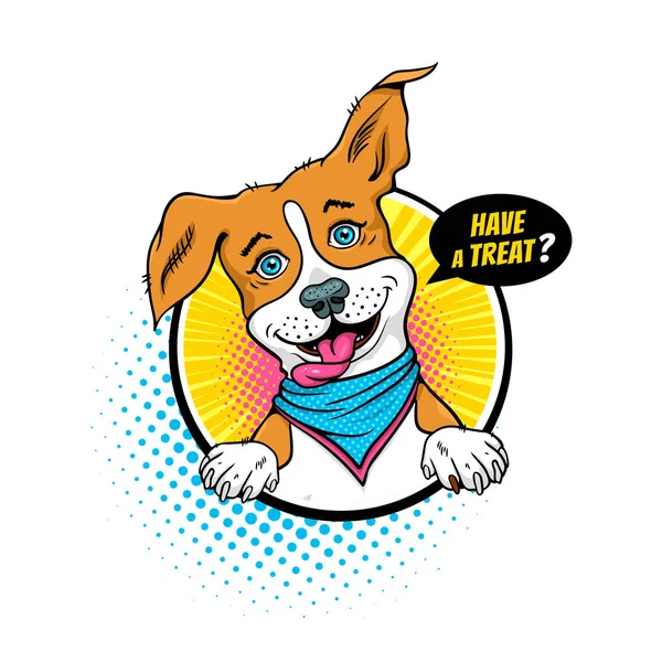 Un cane dei cartoni animati. Divertente cane con la bocca aperta ha girato la testa chiedendo Avere un ossequio nella bolla discorso in un cerchio con mezzitoni isolati su sfondo bianco. Illustrazione vettoriale in stile retrò pop art comic . — Vettoriale Stock