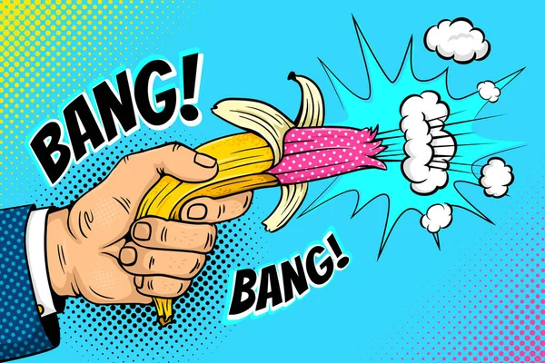 Pop-Art-Hintergrund mit männlicher Hand, die einen hellen Bananenrevolver hält, der mit Wolken explodiert und auf Punktehintergrund eine Sprechblase platzt. Vektor bunte handgezeichnete Illustration im Retro-Comic-Stil. — Stockvektor