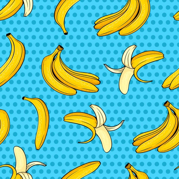 Různé ručně tažené žlutý banán na pozadí modré tečky. Vektor komické bezešvé vzor v retro stylu pop-art. — Stockový vektor
