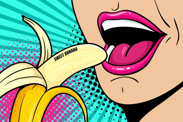 Primer plano de boca femenina abierta sexy comiendo plátano con letras de plátano dulce. Fondo colorido vectorial en estilo de arte pop retro cómico . — Archivo Imágenes Vectoriales