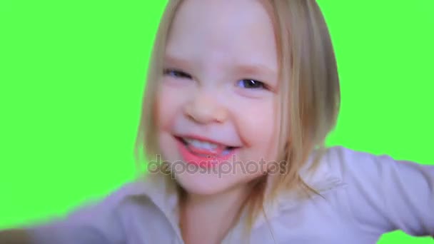 Crazy Dance From a Little Pretty Girl on a Green Screen — Stock Video