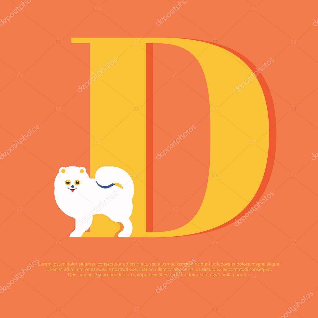 Puppy pure breed pomeranian dog, standing looking at camera. Poster and banner for vet clinic, pet shop, dog training or dog shelter. Illustration for web design. Vector flat illustration cartoon.