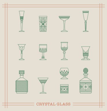 Vintage kristal gözlük Icon Set kesme cam sürahi, viski cam, Şarap kadehi ve farklı içecekler. İnce çizgi stil tasarım