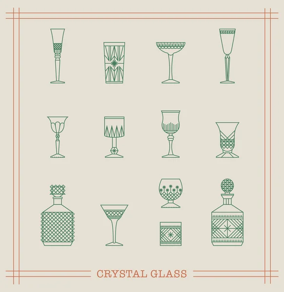 Vintage Crystal Glasögon Ikonuppsättning Med Cut Glas Karaff Whisky Glas — Stock vektor