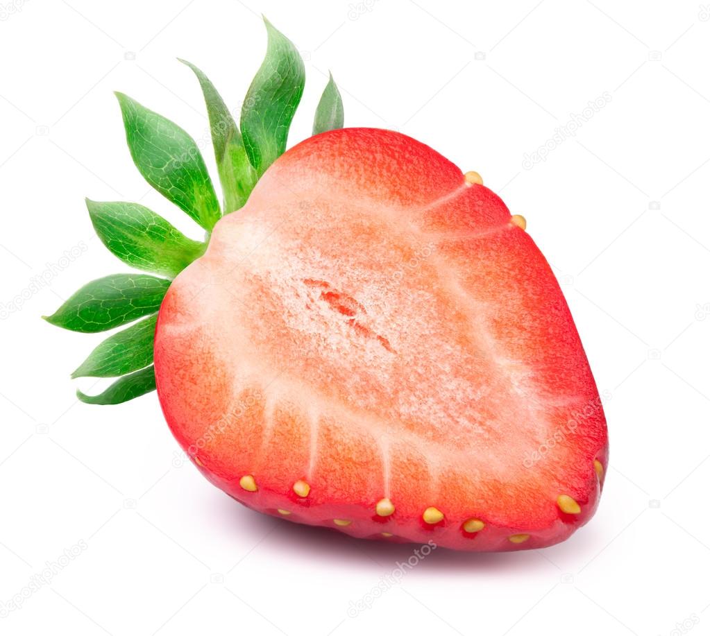 Sliced strawberry with leaves isolated