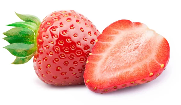 Erdbeeren mit Blättern isoliert auf weiß — Stockfoto