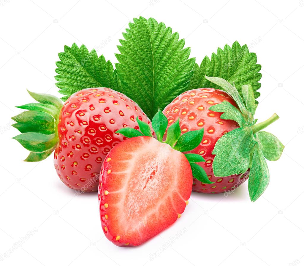 Strawberries with leaves isolated on white