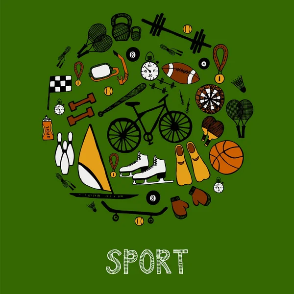 Carta rotonda con icone disegnate a mano dallo sport . — Vettoriale Stock