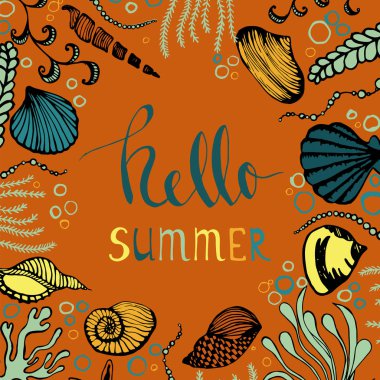 Deniz kabukları ve deniz yosunu elinden kare çerçeve çizilmiş. 