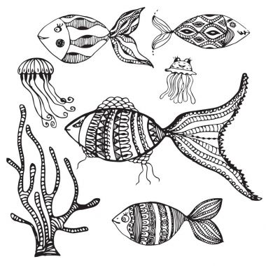 elle çizilmiş balık, medusa ve deniz yosunu vektör kümesi