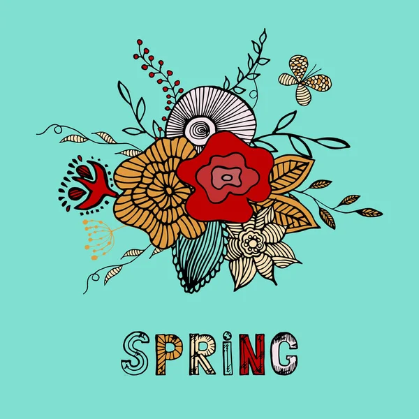 Tavaszi kártya. Négyzet alakú keret a kézzel rajzolt virágok és levelek. — Stock Vector