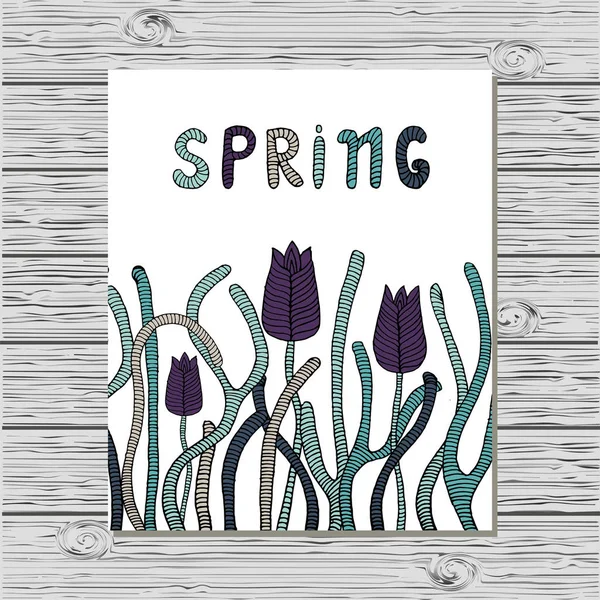 Carte de printemps. Cadre carré de fleurs et de feuilles dessinées à la main . — Image vectorielle