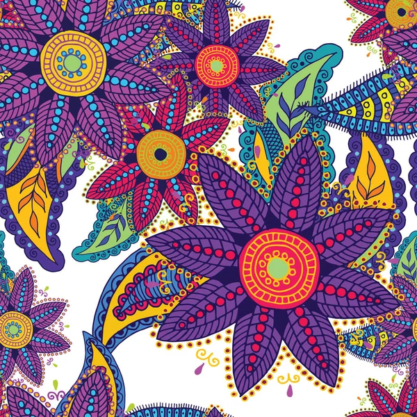 Nahtloses Vintage-Muster mit schönen Paisley-Gurken und Blumen auf blauem Hintergrund. — Stockvektor