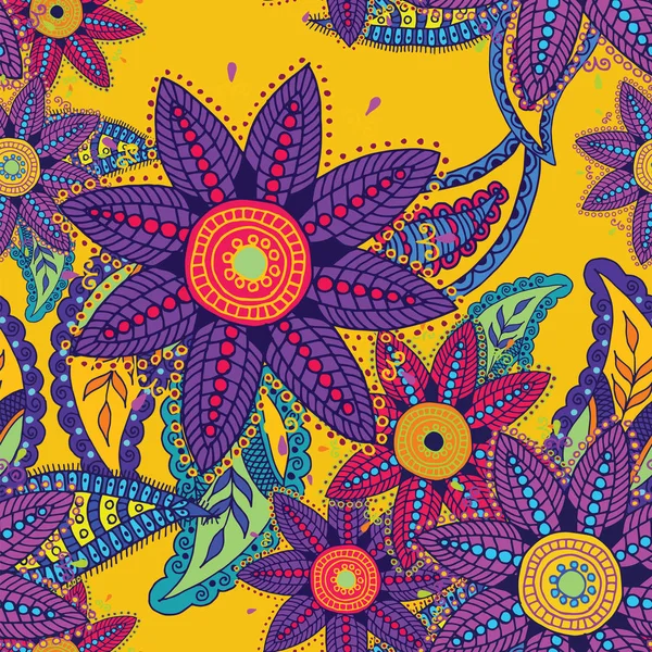 Nahtloses Vintage-Muster mit schönen Paisley-Gurken und Blumen auf gelbem Hintergrund. — Stockvektor