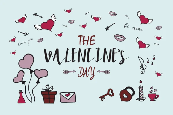 Cartão Valentim com elementos de rabiscos desenhados à mão . — Vetor de Stock