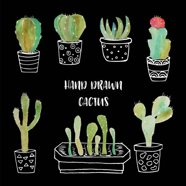 Lindos cactus vectoriales dibujados a mano en macetas . — Vector de stock