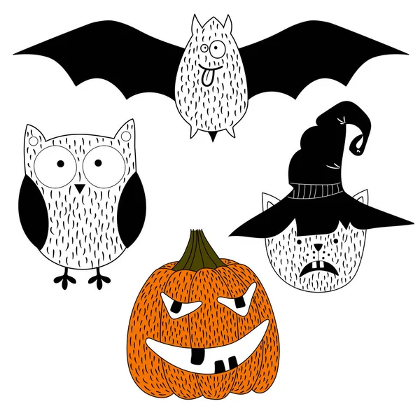 Siluetas de Halloween. Búho, calabaza, gato negro . — Vector de stock