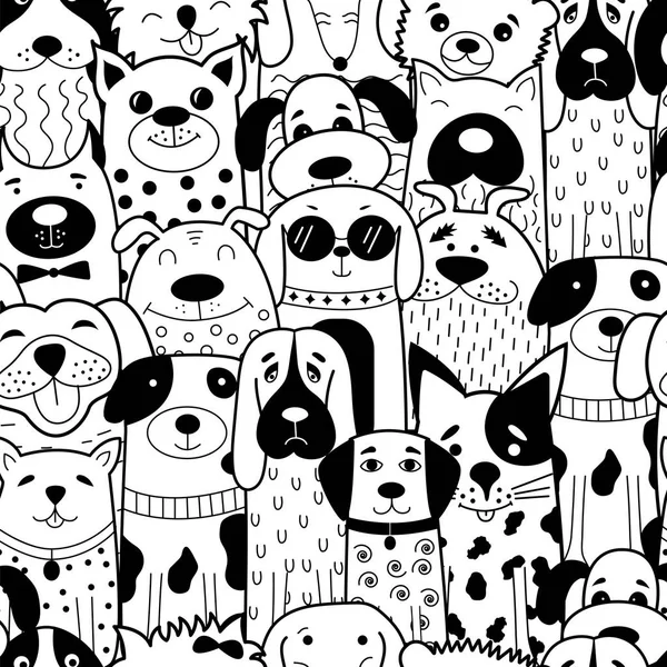 Padrão sem costura com cães doodle preto e branco . —  Vetores de Stock