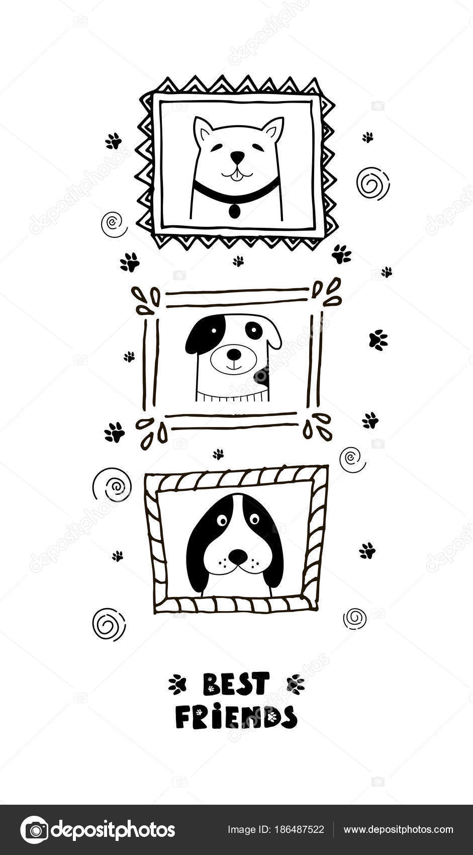 Funny Card With Cute Face Dogs And Lettering Best Friends