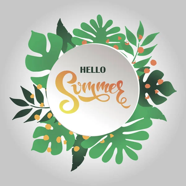 Sommerbanner mit tropischen Blättern und Schriftzug hallo Sommer! — Stockvektor