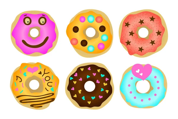 Set of 6 color hand drawn donuts. — Stock Vector