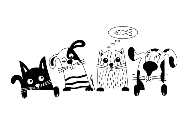 Divertido Perro Lindo Gato Mejores Amigos Animales Garabatos Blancos Negros — Vector de stock