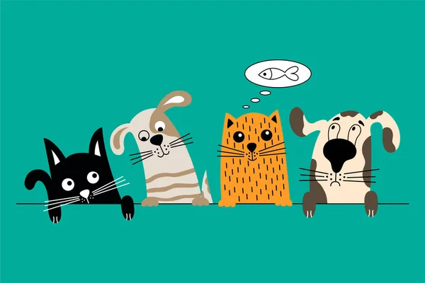 Komik köpek ve şirin kedi arkadaşlarım. Renkli doodle hayvanlar. Vektör çizim.