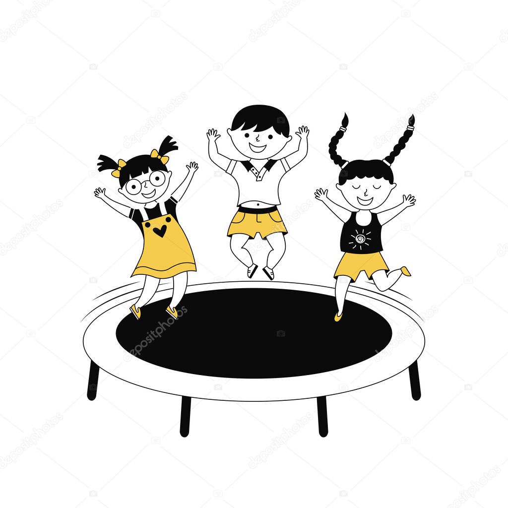 Children jumping on trampoline cartoon vector illustration