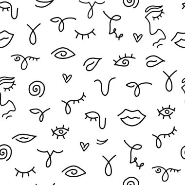 Beyaz arka planda kadın yüzü çizilmiş kusursuz desen. Yüzleri çiziyorum. Çizgi çizimi. 